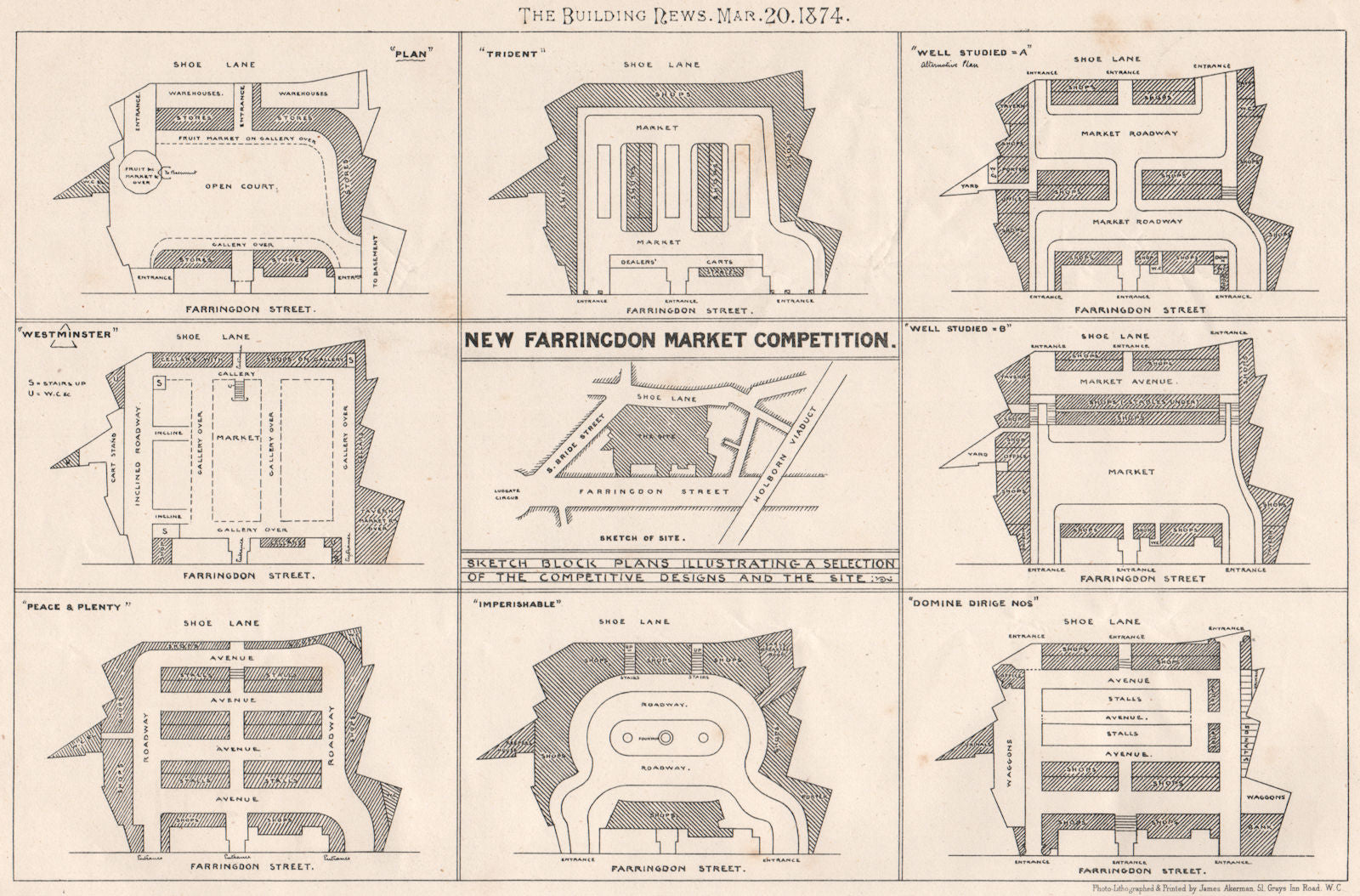 New Farringdon Market Competition. London 1874 old antique print picture